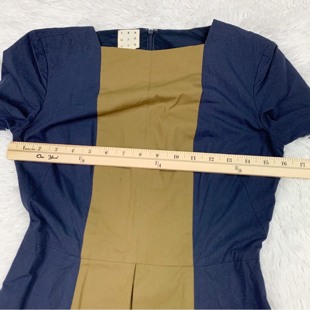 Trademark short sleeve square neck Colorblock dress pleated front navy blue - Picture 8 of 11